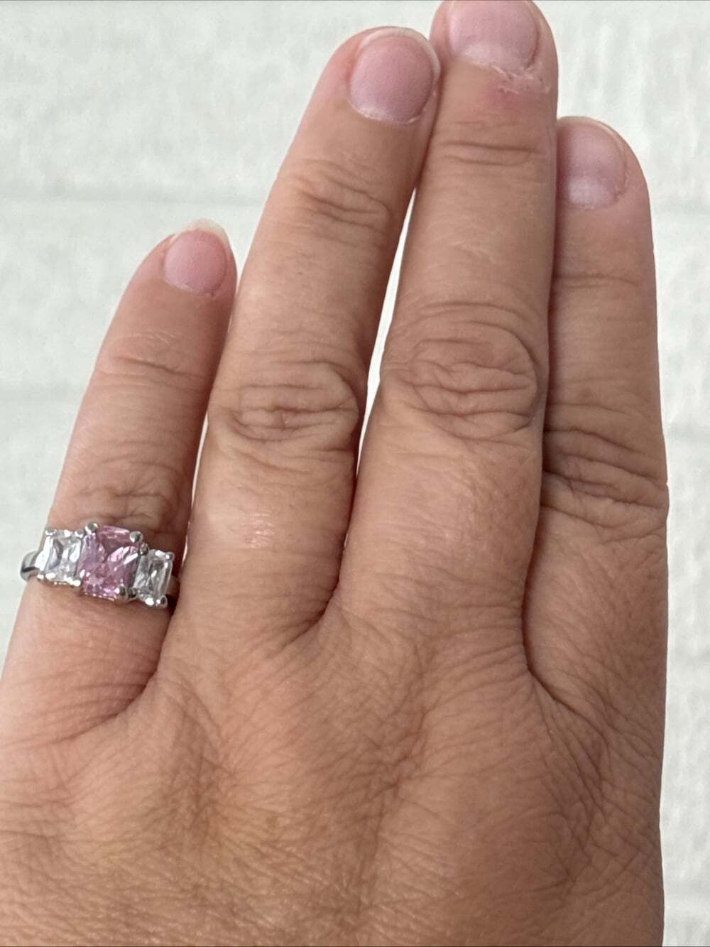 Sterling Silver Three-Stone Pink Center Ring - Elegant Pink Accent - Picture 5 of 13